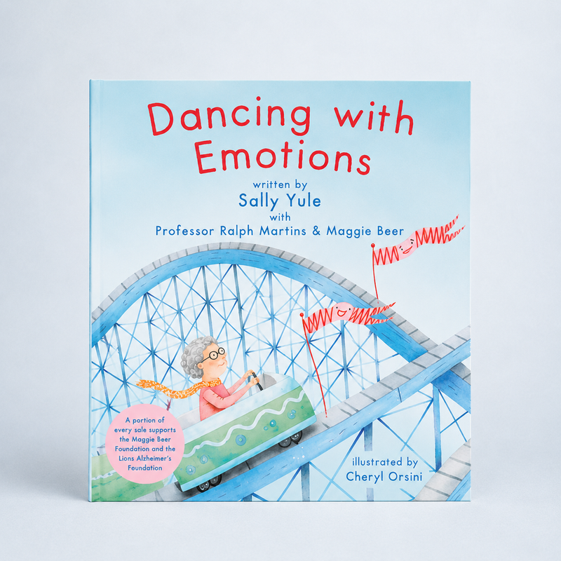Dancing with Emotions children's book cover with an elderly woman riding a rollercoaster, written by Sally Yule